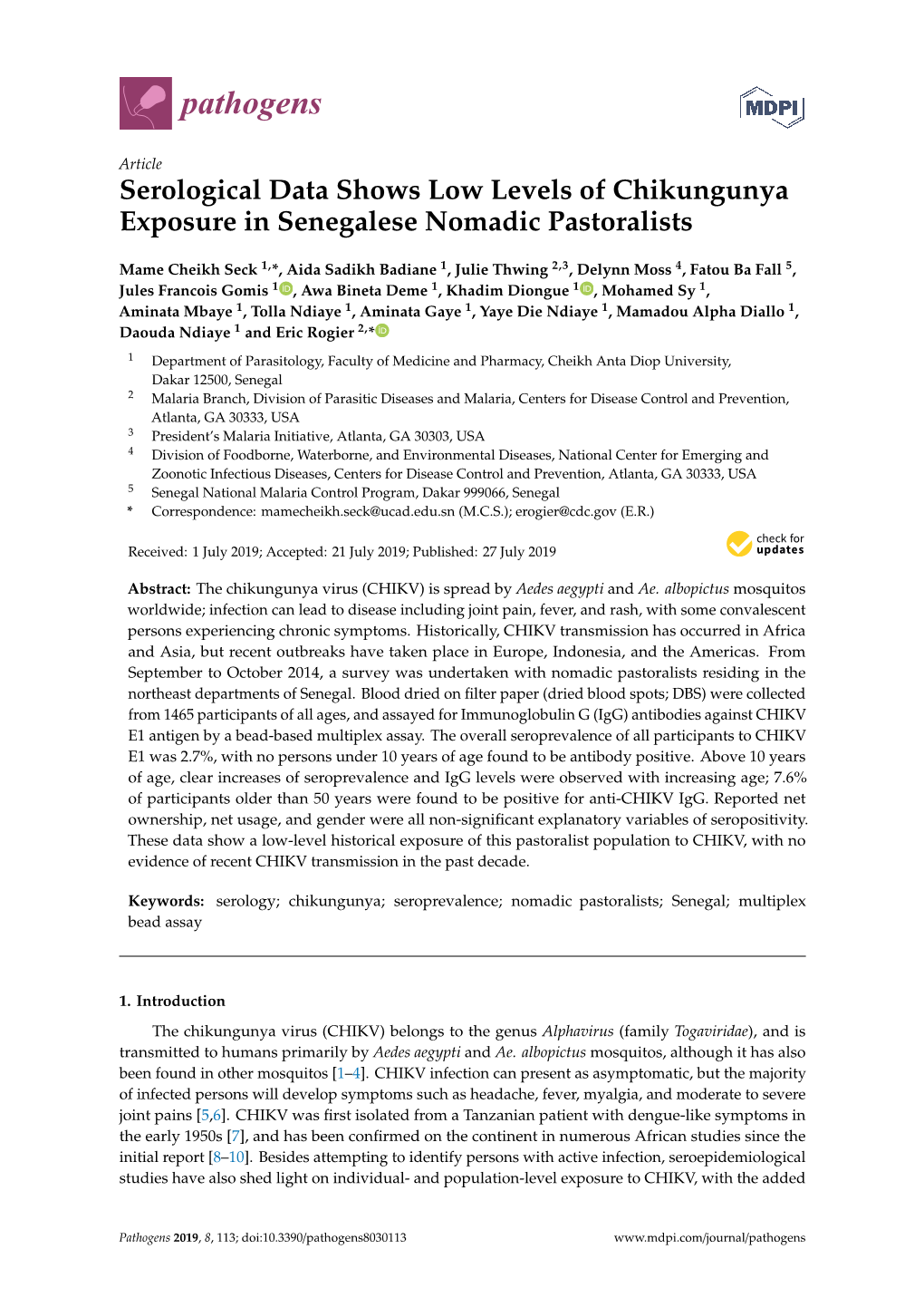 Serological Data Shows Low Levels of Chikungunya Exposure in Senegalese Nomadic Pastoralists