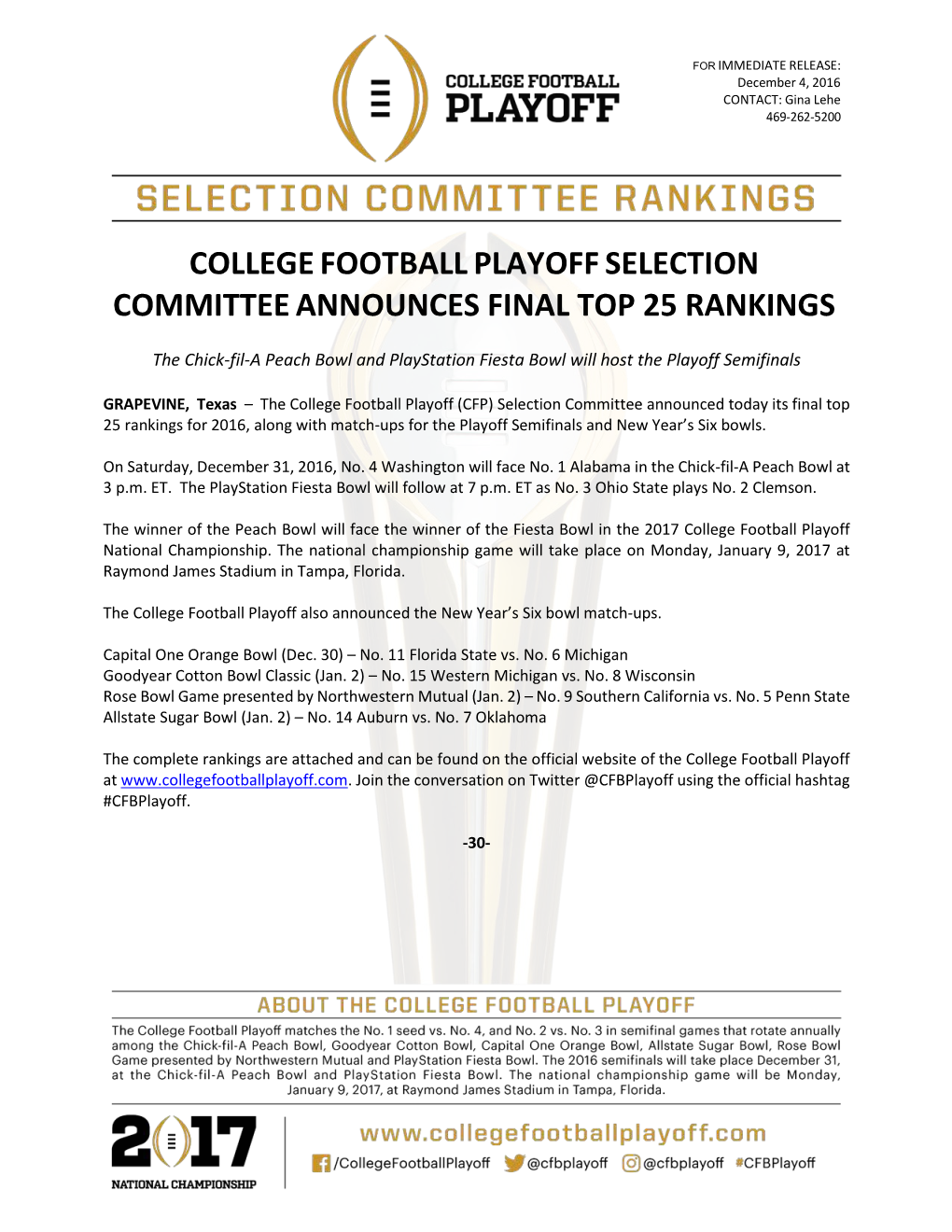 College Football Playoff Selection Committee Announces Final Top 25 Rankings