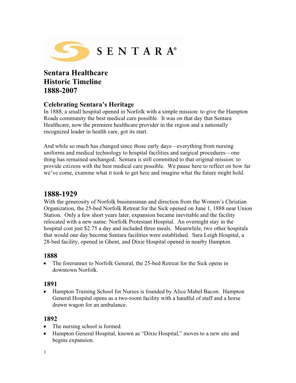 Sentara Healthcare Historic Timeline 1888-2007 1888-1929