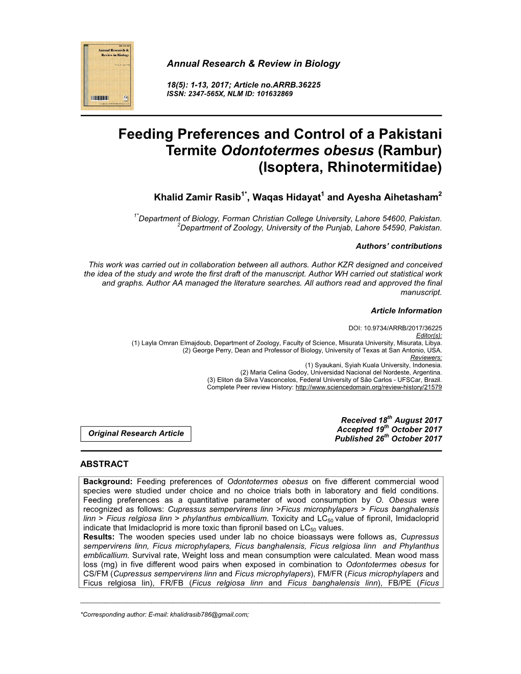 Feeding Preferences and Control of a Pakistani Termite Odontotermes Obesus (Rambur) (Isoptera, Rhinotermitidae)
