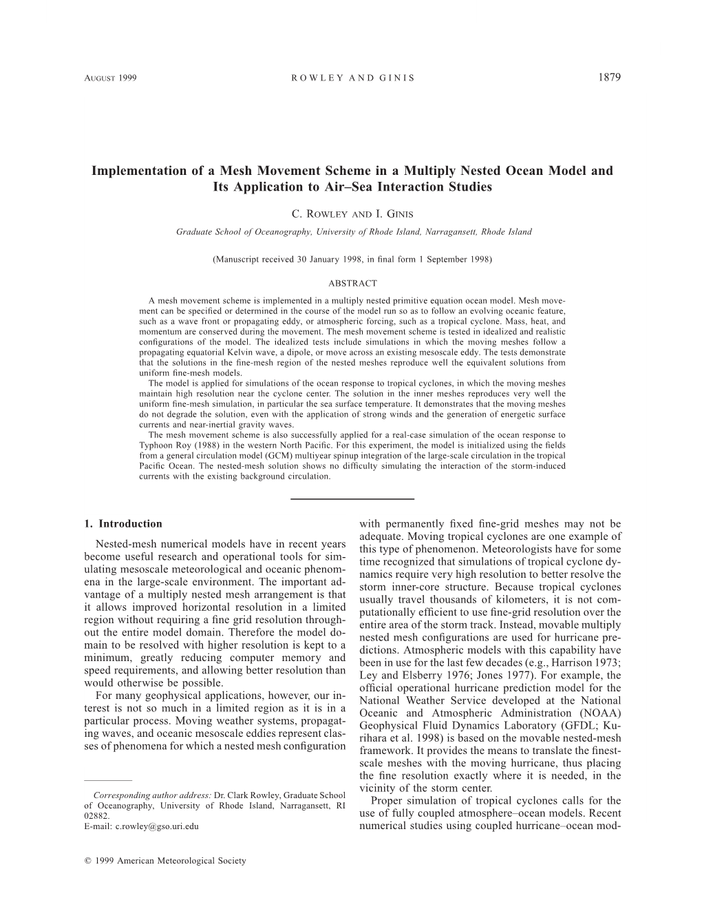 Implementation of a Mesh Movement Scheme in a Multiply Nested Ocean Model and Its Application to Air±Sea Interaction Studies