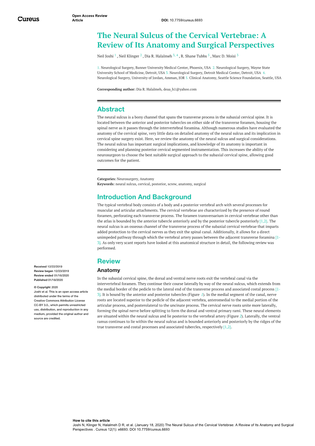 The Neural Sulcus of the Cervical Vertebrae: a Review of Its Anatomy and Surgical Perspectives