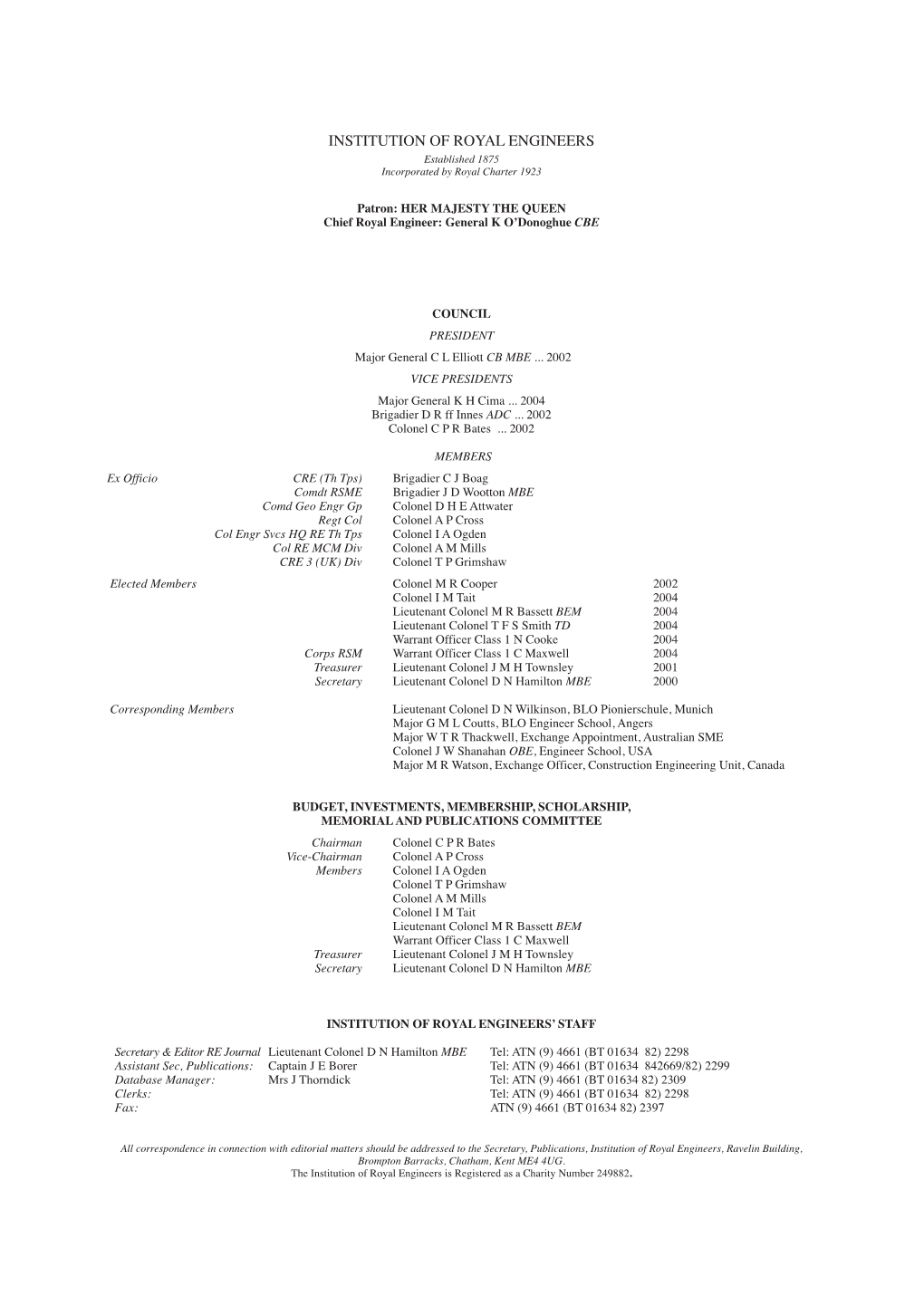 INSTITUTION of ROYAL ENGINEERS Established 1875 Incorporated by Royal Charter 1923