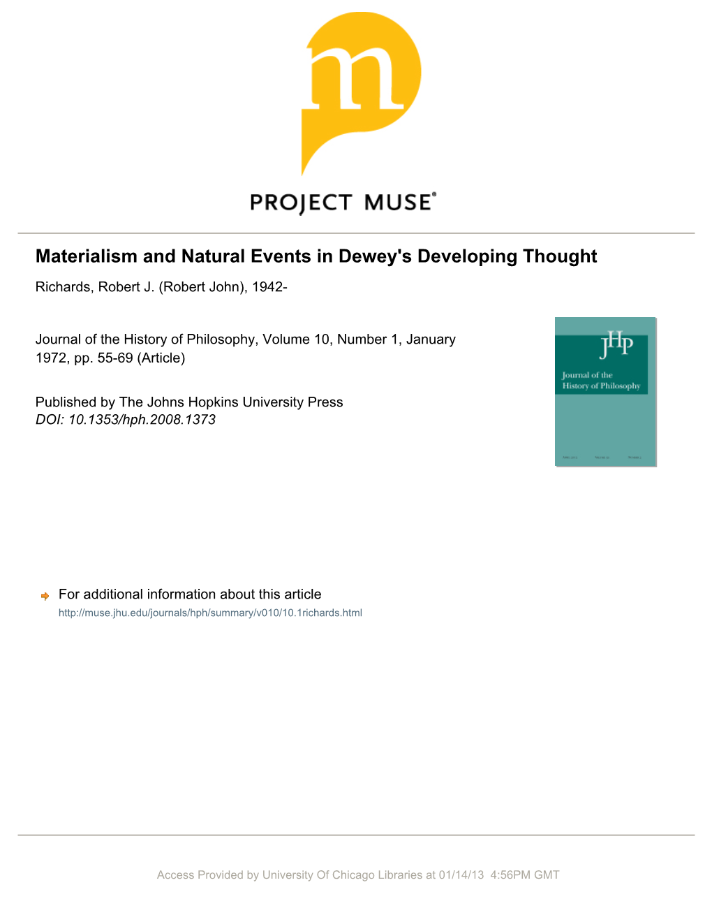 Materialism and Natural Events in Dewey's Developing Thought