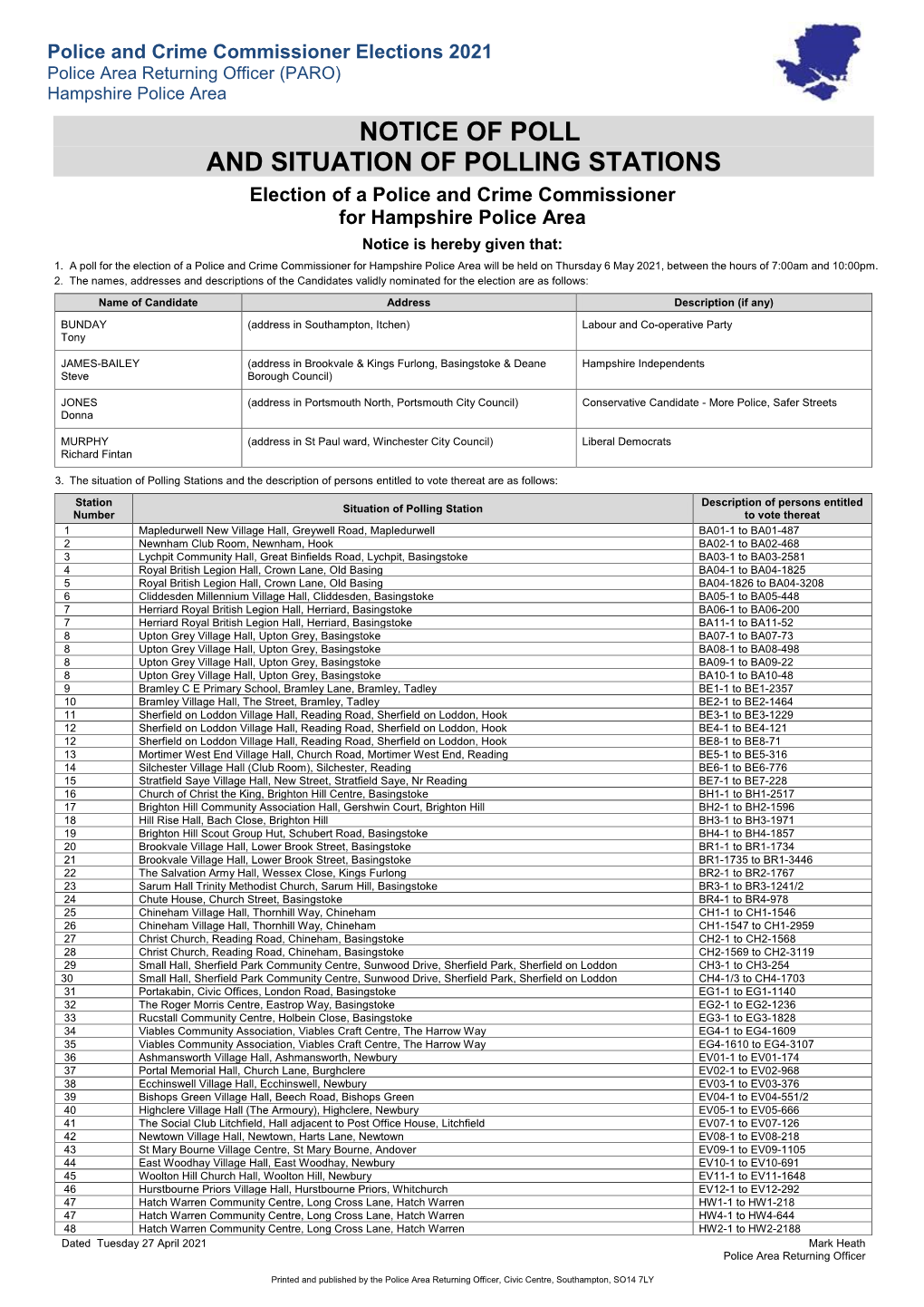 PCC Notice of Poll and Situation of Polling Stations(PDF)