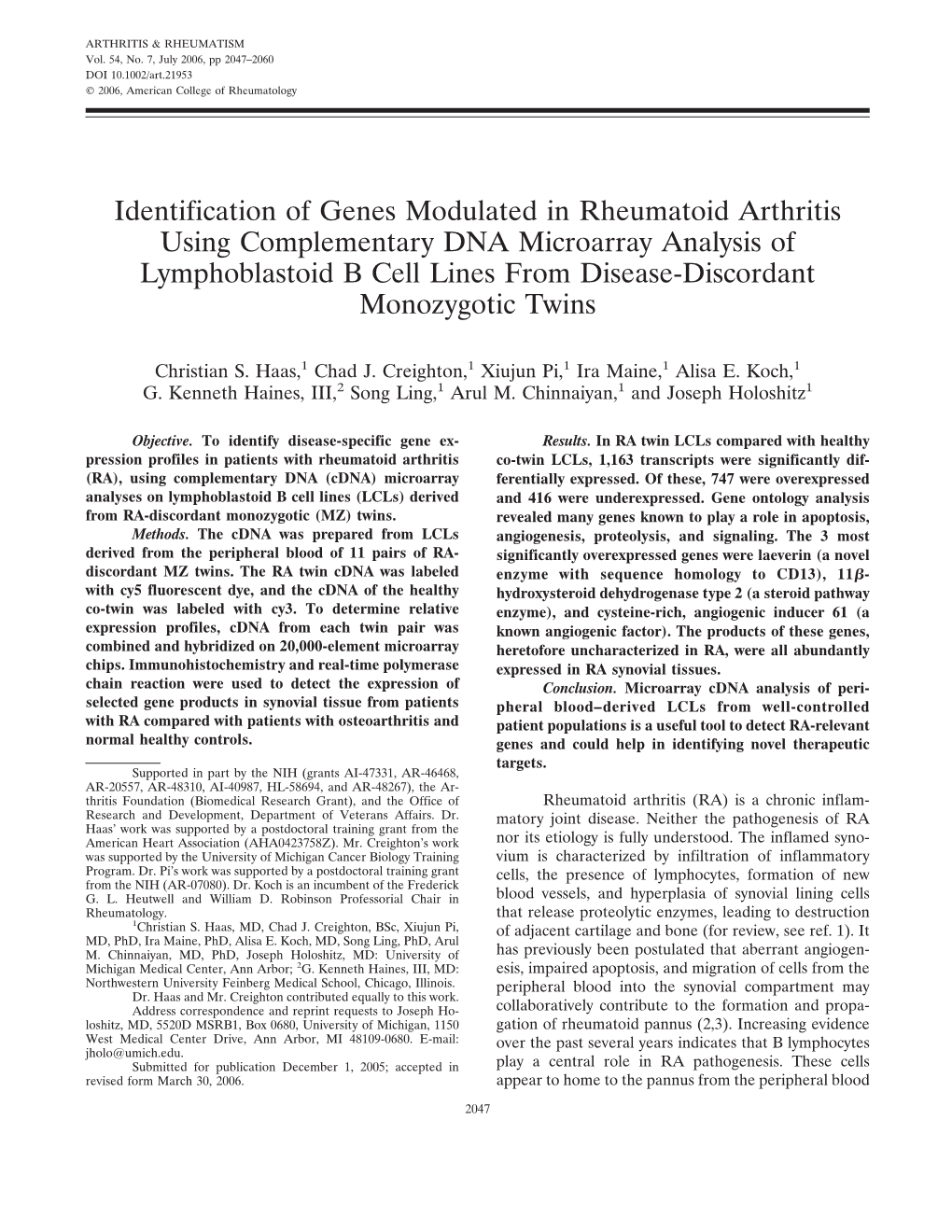 Identification of Genes Modulated in Rheumatoid Arthritis Using