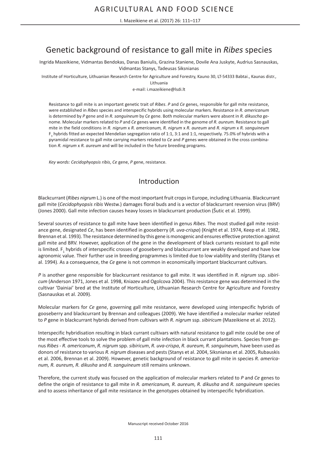 Genetic Background of Resistance to Gall Mite in Ribes Species