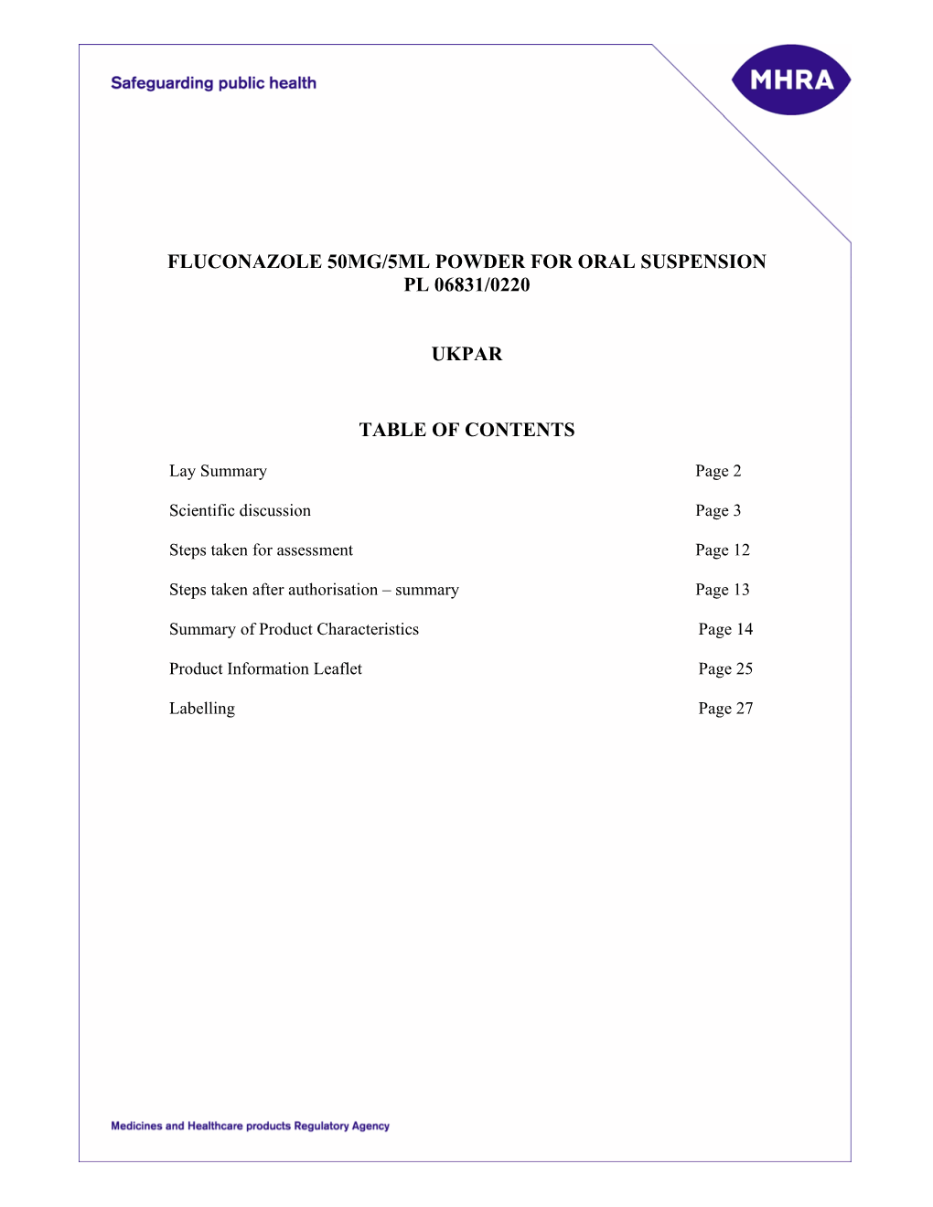Fluconazole 50Mg/5Ml Powder for Oral Suspension Pl 06831/0220 Ukpar Table of Contents