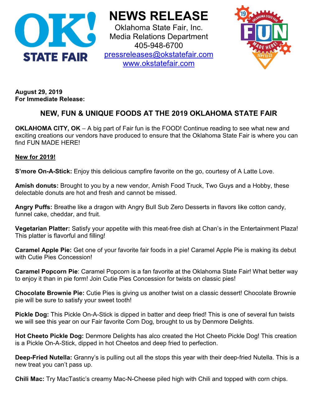 NEWS RELEASE Oklahoma State Fair, Inc