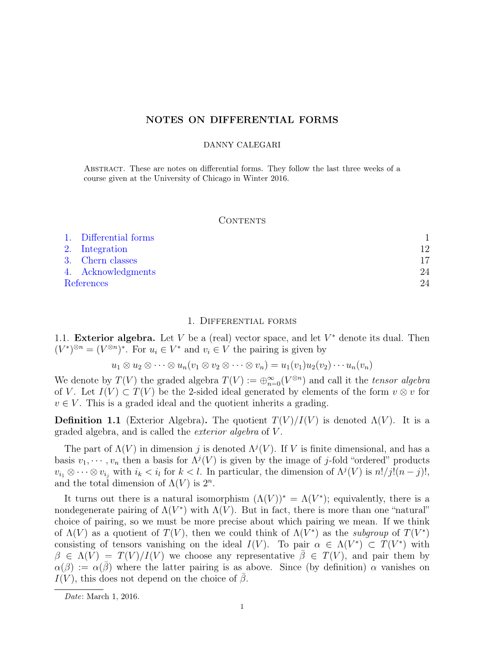 NOTES on DIFFERENTIAL FORMS Contents 1. Differential Forms 1 2