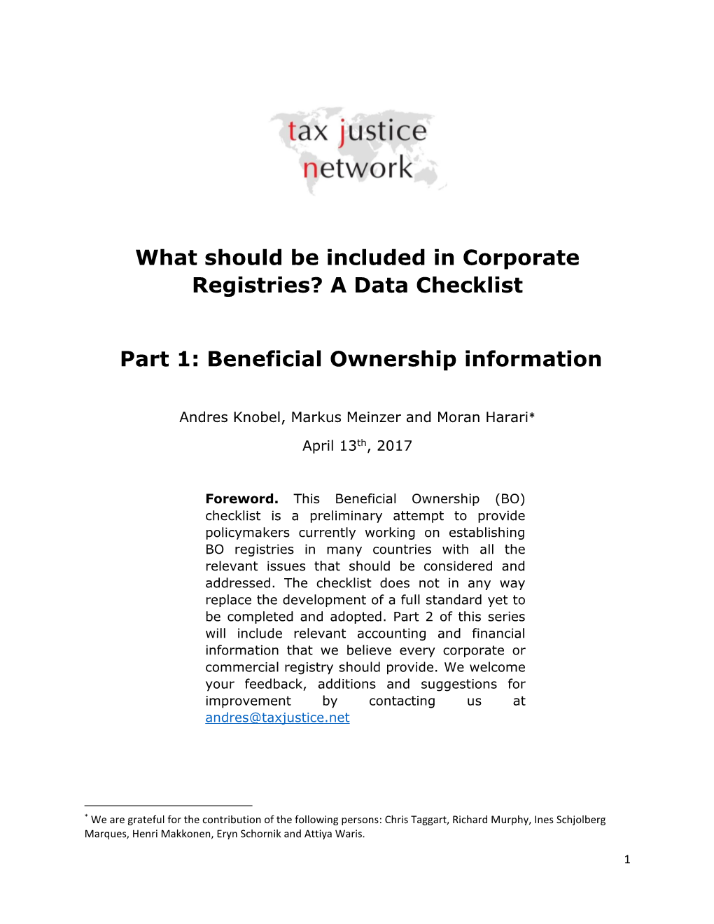 What Should Be Included in Corporate Registries? a Data Checklist Part 1