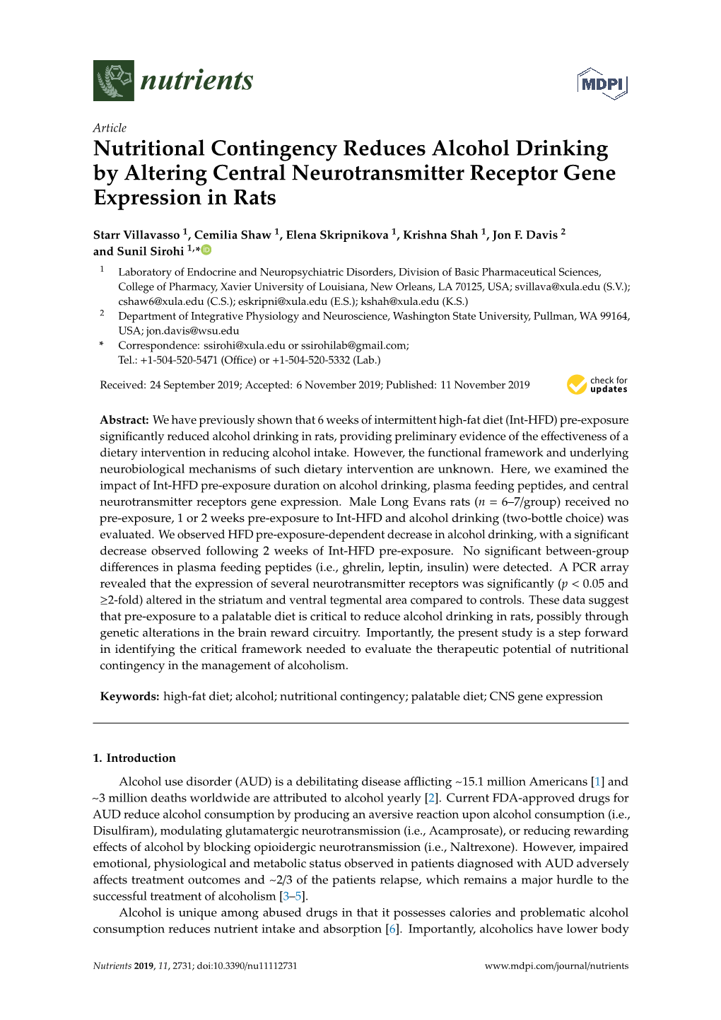 Nutritional Contingency Reduces Alcohol Drinking by Altering Central Neurotransmitter Receptor Gene Expression in Rats