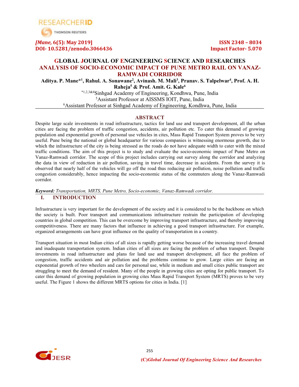 ANALYSIS of SOCIO-ECONOMIC IMPACT of PUNE METRO RAIL on VANAZ- RAMWADI CORRIDOR Aditya