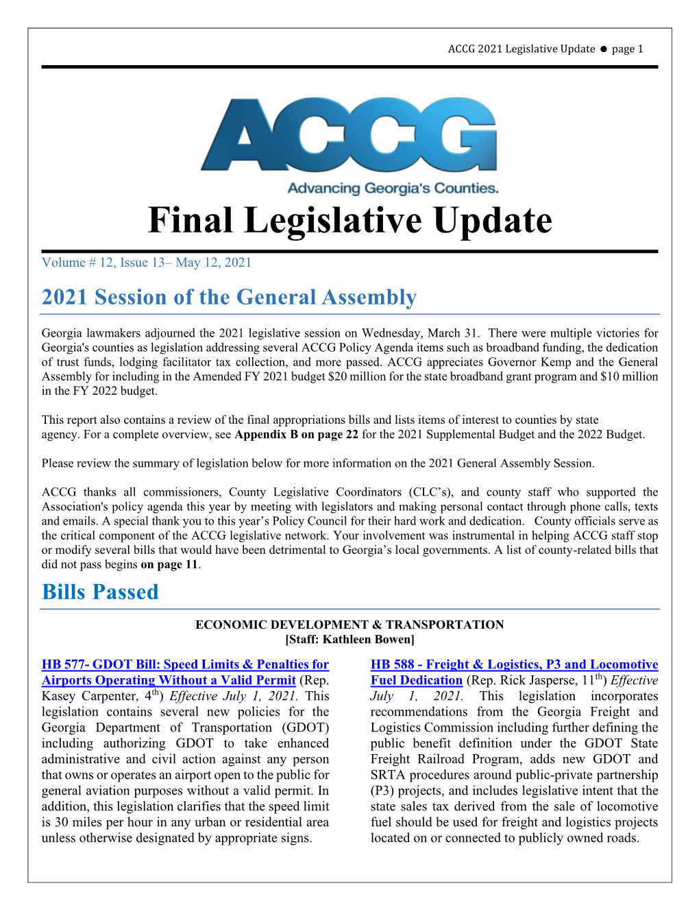 Final Legislative Update