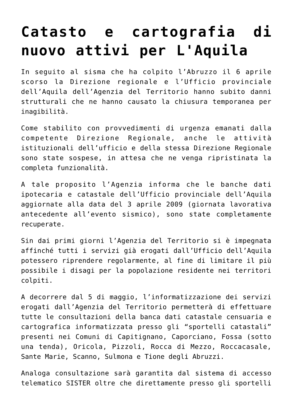 Catasto E Cartografia Di Nuovo Attivi Per L'Aquila