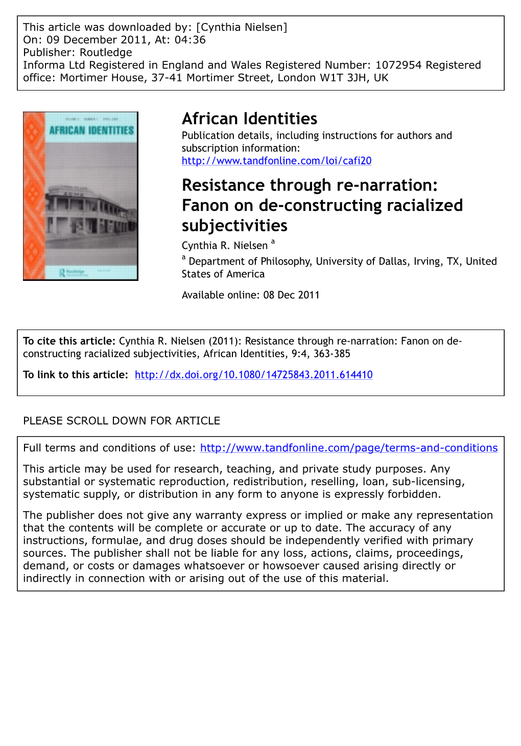 Fanon on De-Constructing Racialized Subjectivities Cynthia R