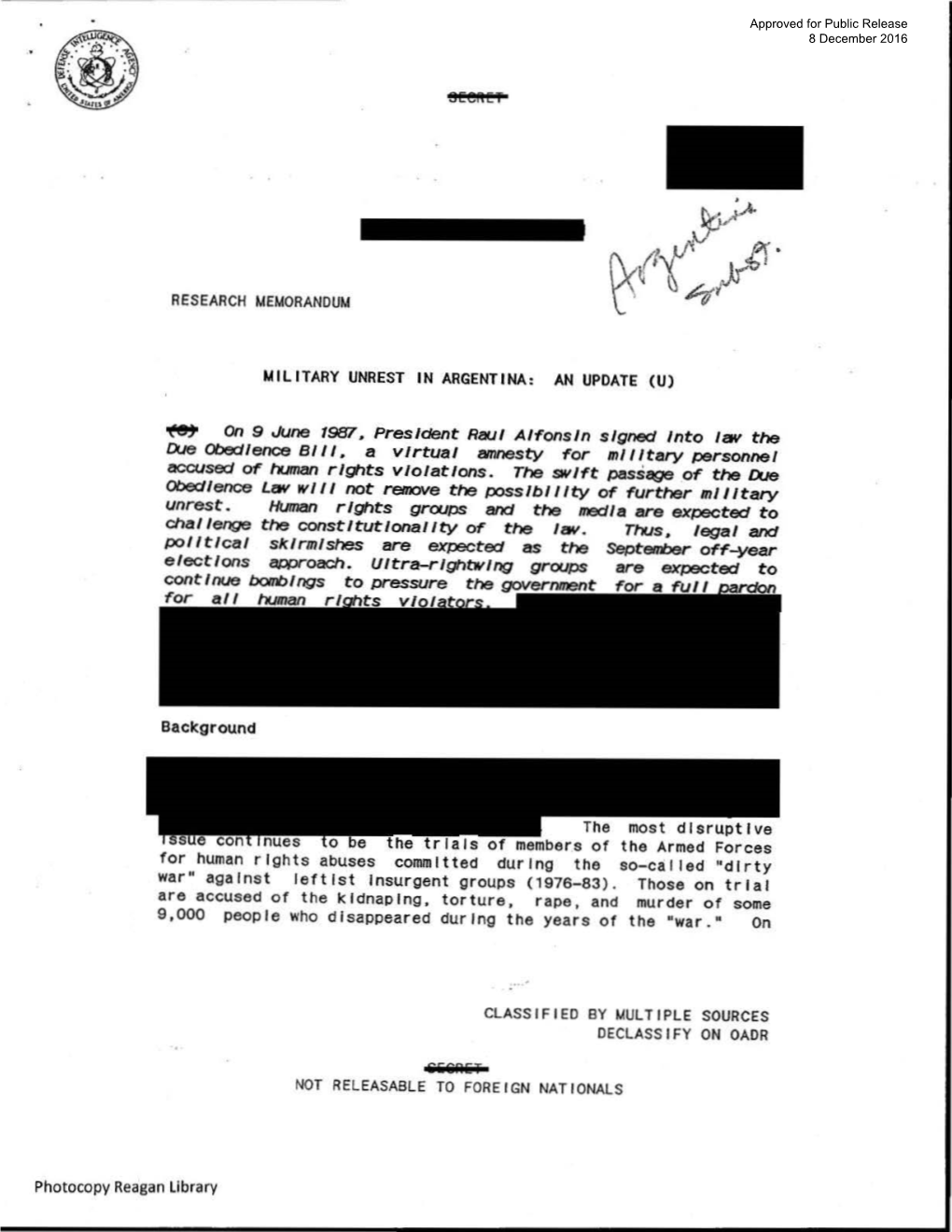 Research Memorandum Military Unrest in Argentina