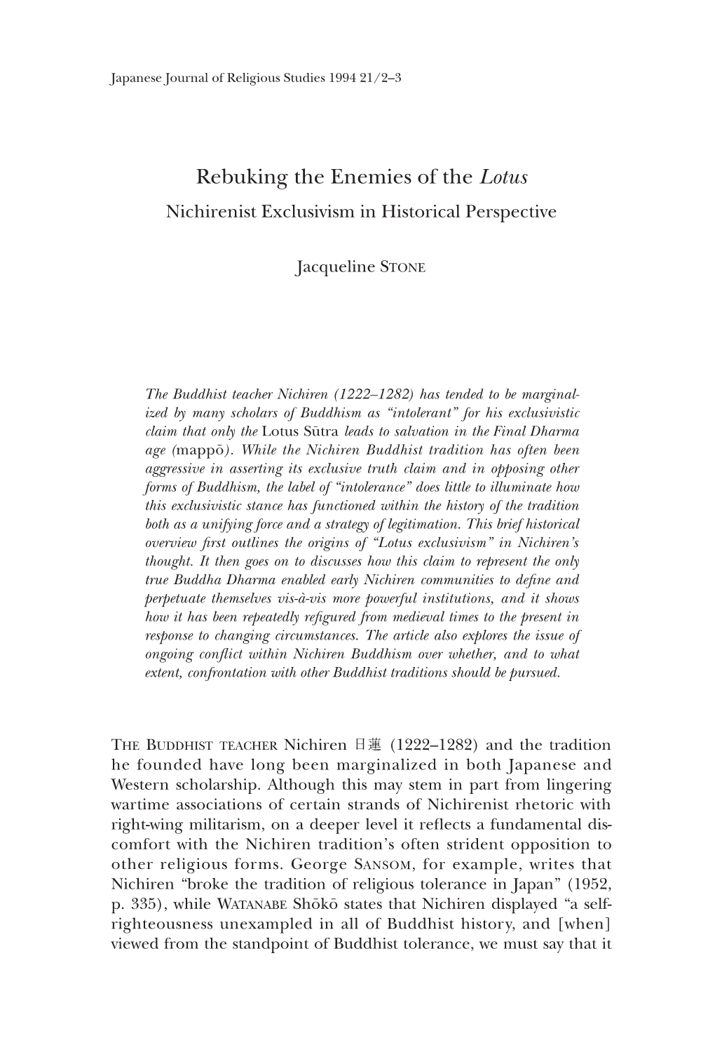 Rebuking the Enemies of the Lotus: Nichirenist Exclusivism in Historical Perspective