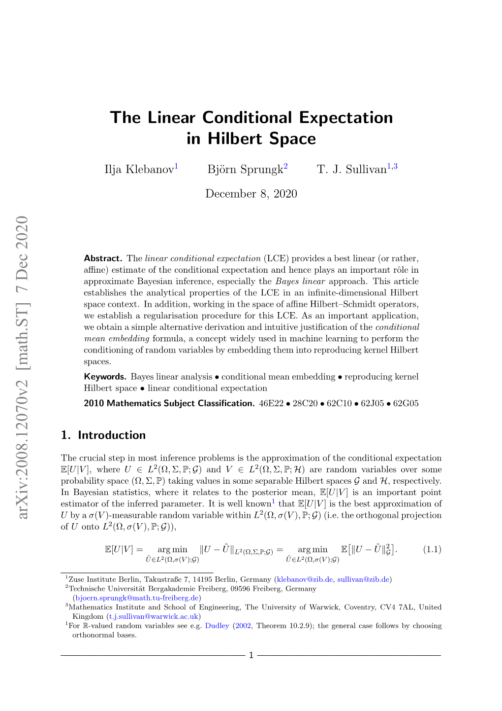 The Linear Conditional Expectation in Hilbert Space Arxiv:2008.12070V2