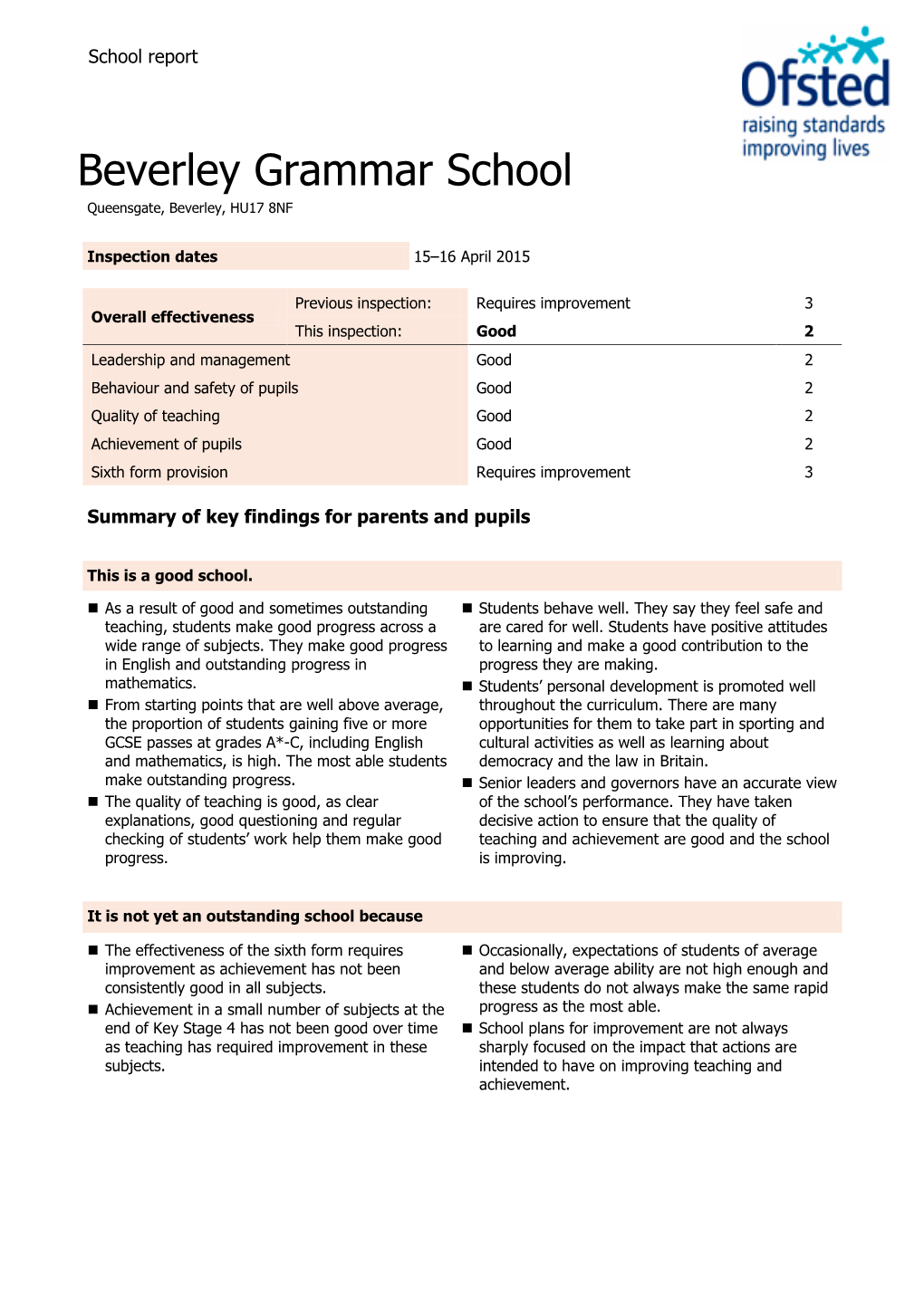 Beverley Grammar School Ofsted Report 2015