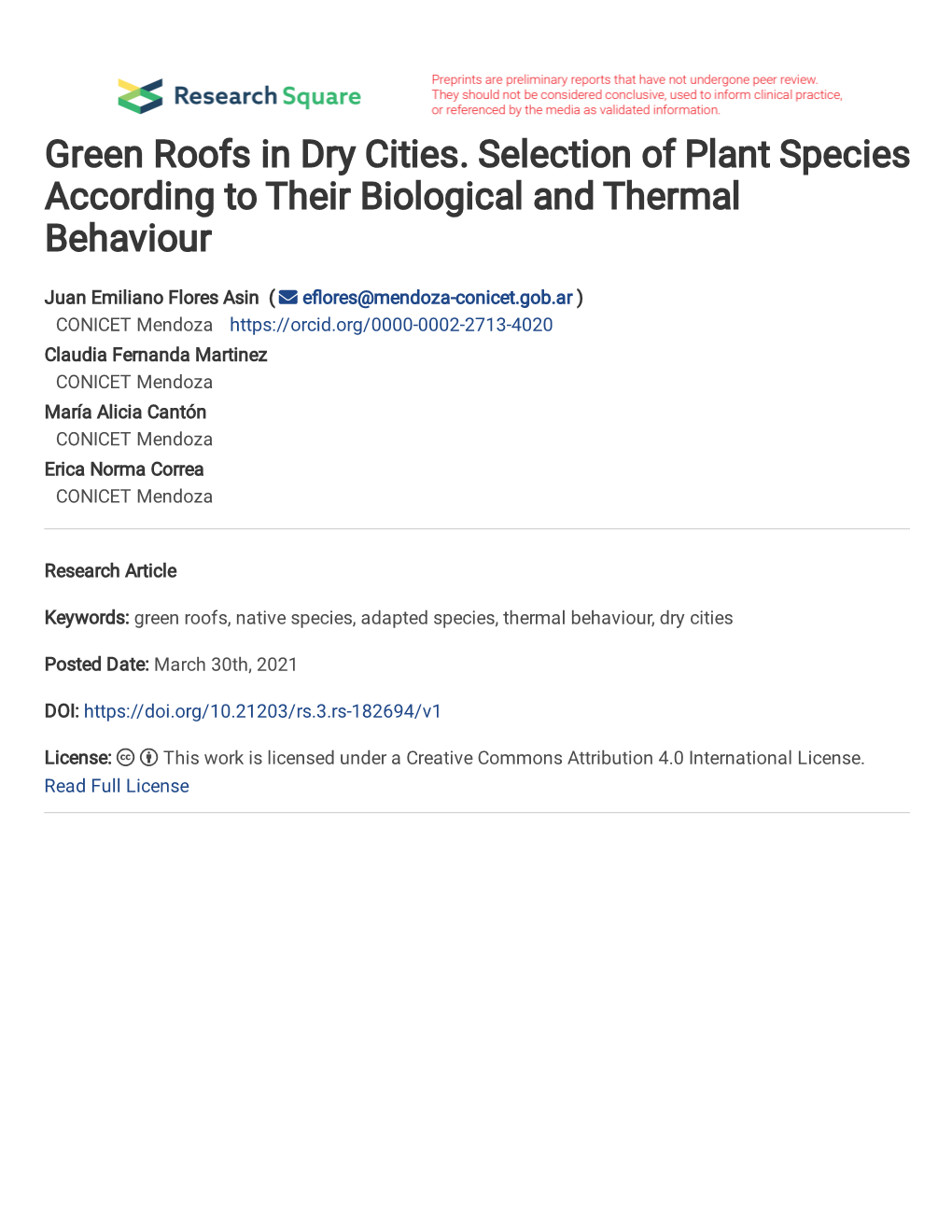 Green Roofs in Dry Cities. Selection of Plant Species According to Their Biological and Thermal Behaviour