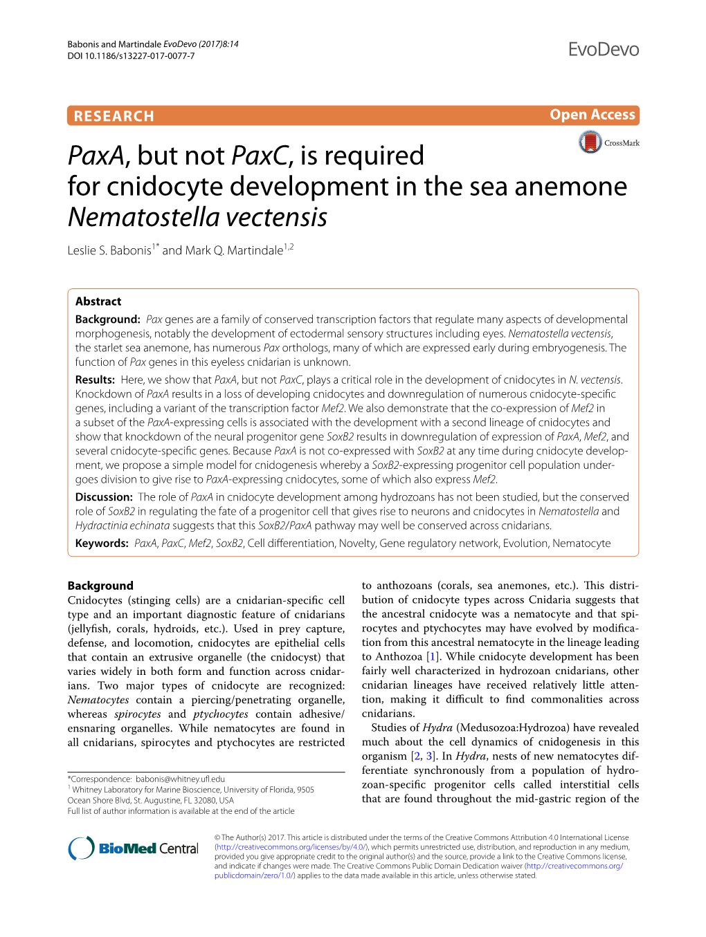 Paxa, but Not Paxc, Is Required for Cnidocyte Development in the Sea Anemone Nematostella Vectensis Leslie S