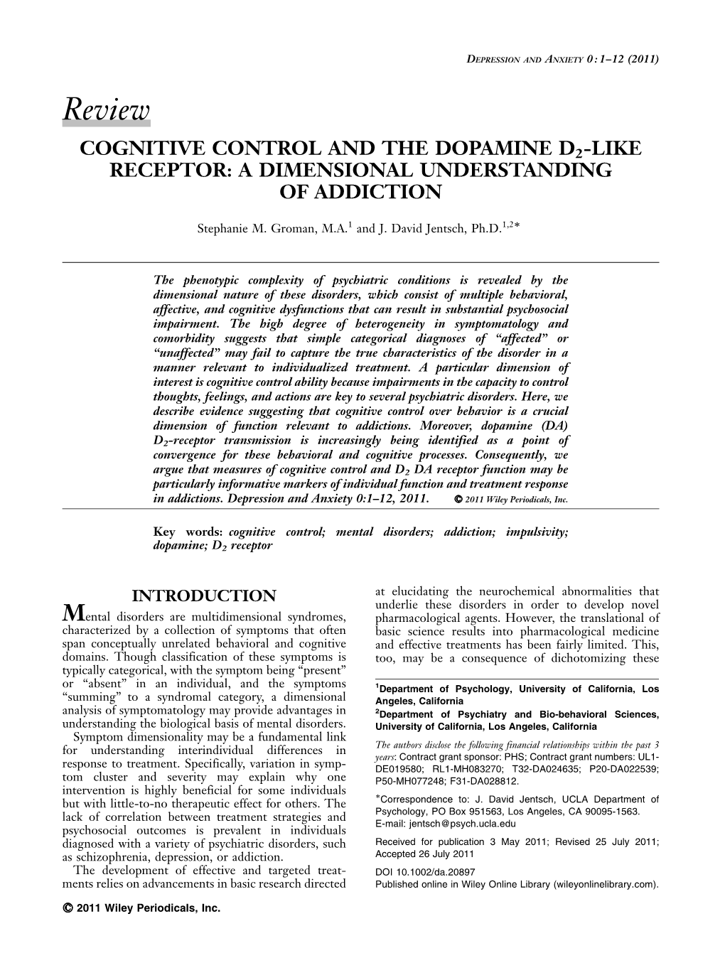 Cognitive Control and the Dopamine D2like Receptor