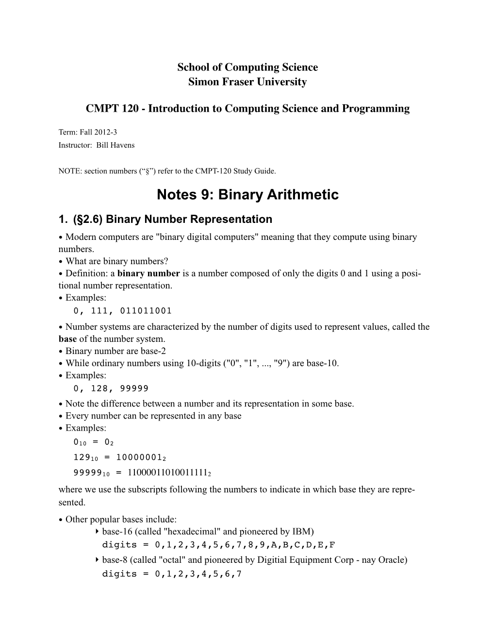 Notes 9: Binary Arithmetic