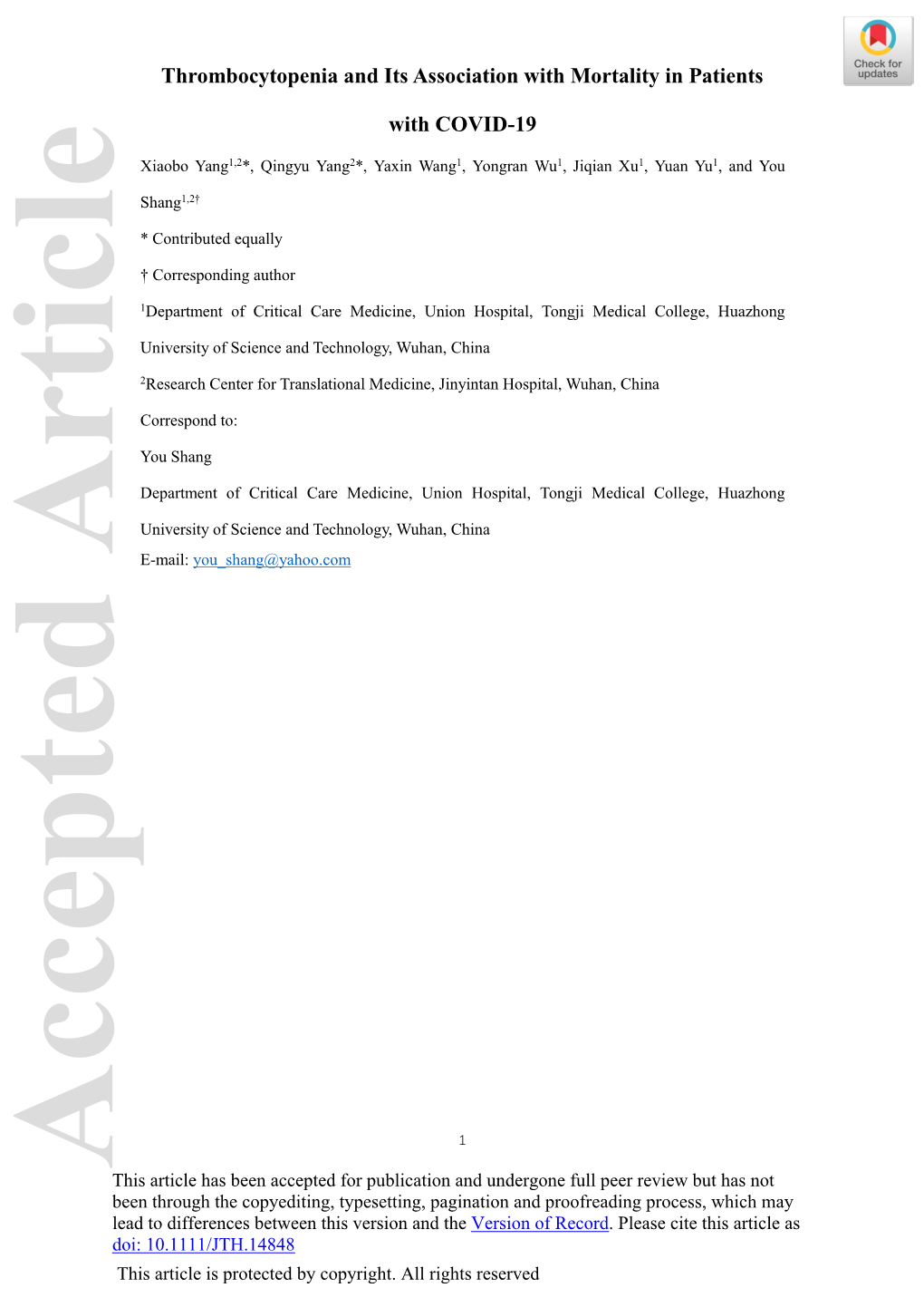 Thrombocytopenia and Its Association with Mortality in Patients With