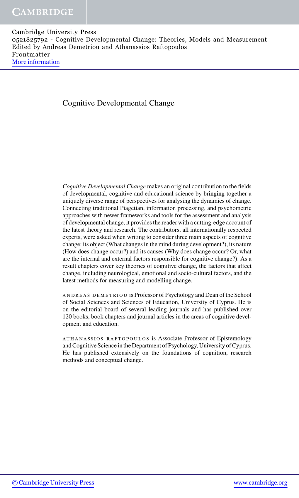 Cognitive Developmental Change: Theories, Models and Measurement Edited by Andreas Demetriou and Athanassios Raftopoulos Frontmatter More Information