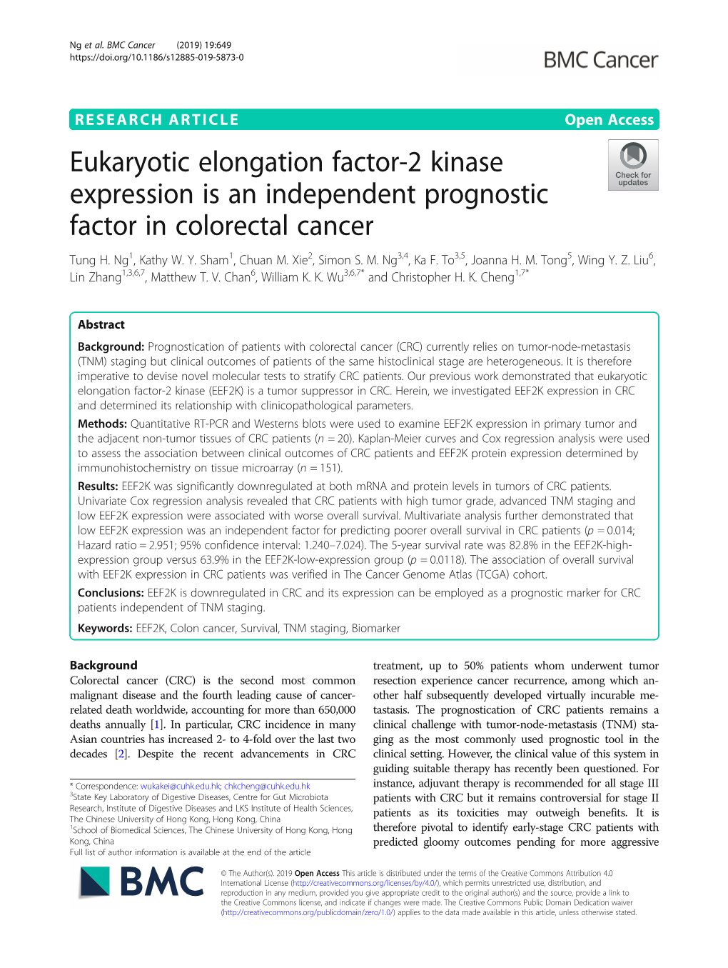 Eukaryotic Elongation Factor-2 Kinase Expression Is an Independent Prognostic Factor in Colorectal Cancer Tung H