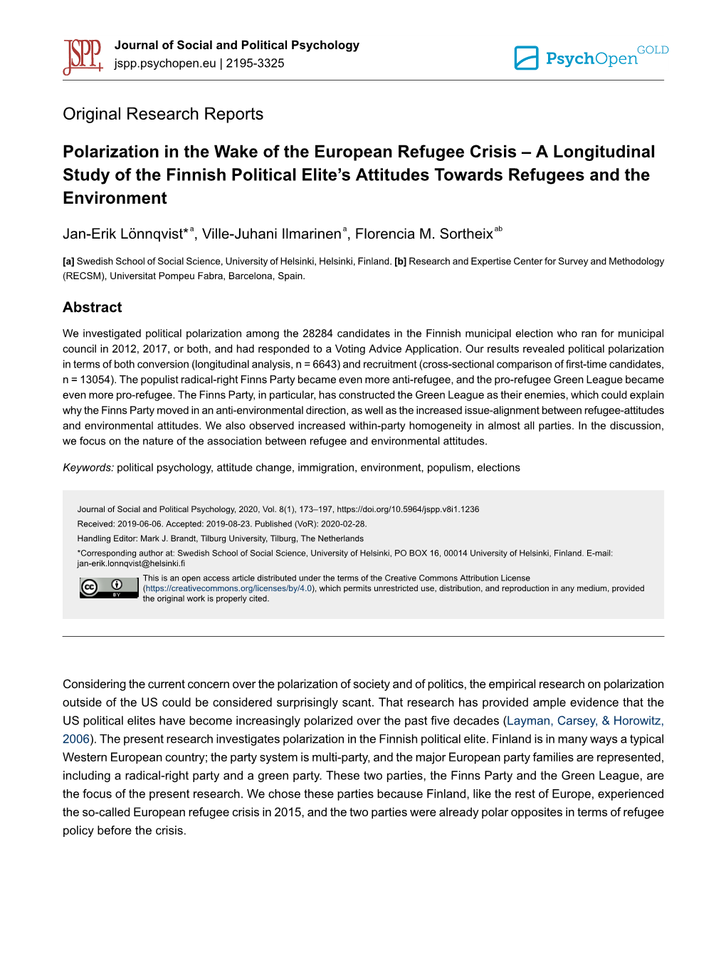 Polarization in the Wake of the European Refugee Crisis – a Longitudinal Study of the Finnish Political Elite’S Attitudes Towards Refugees and the Environment