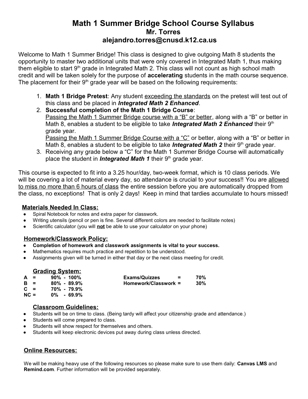 Algebra 2AB Course Syllabus