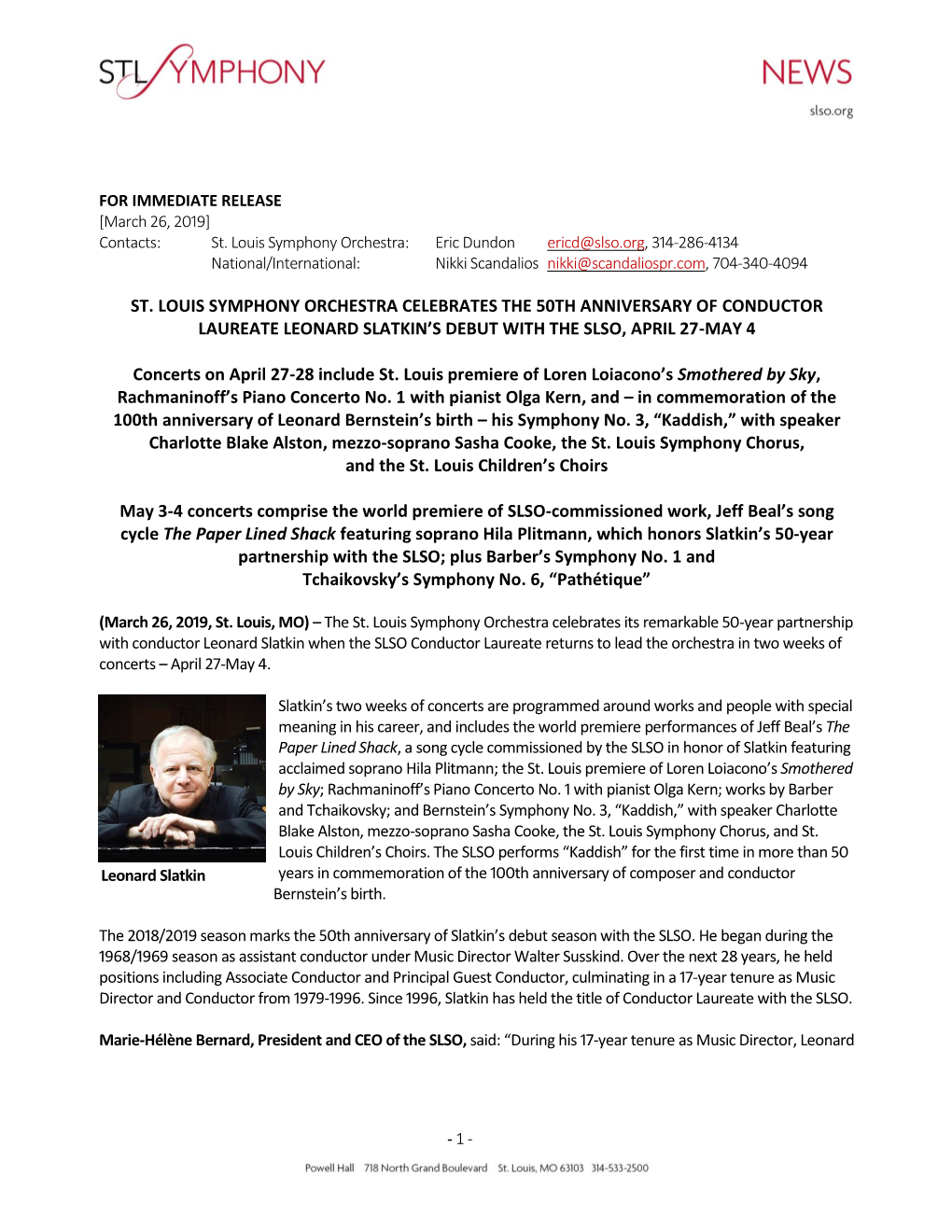 St. Louis Symphony Orchestra Celebrates the 50Th Anniversary of Conductor Laureate Leonard Slatkin’S Debut with the Slso, April 27-May 4