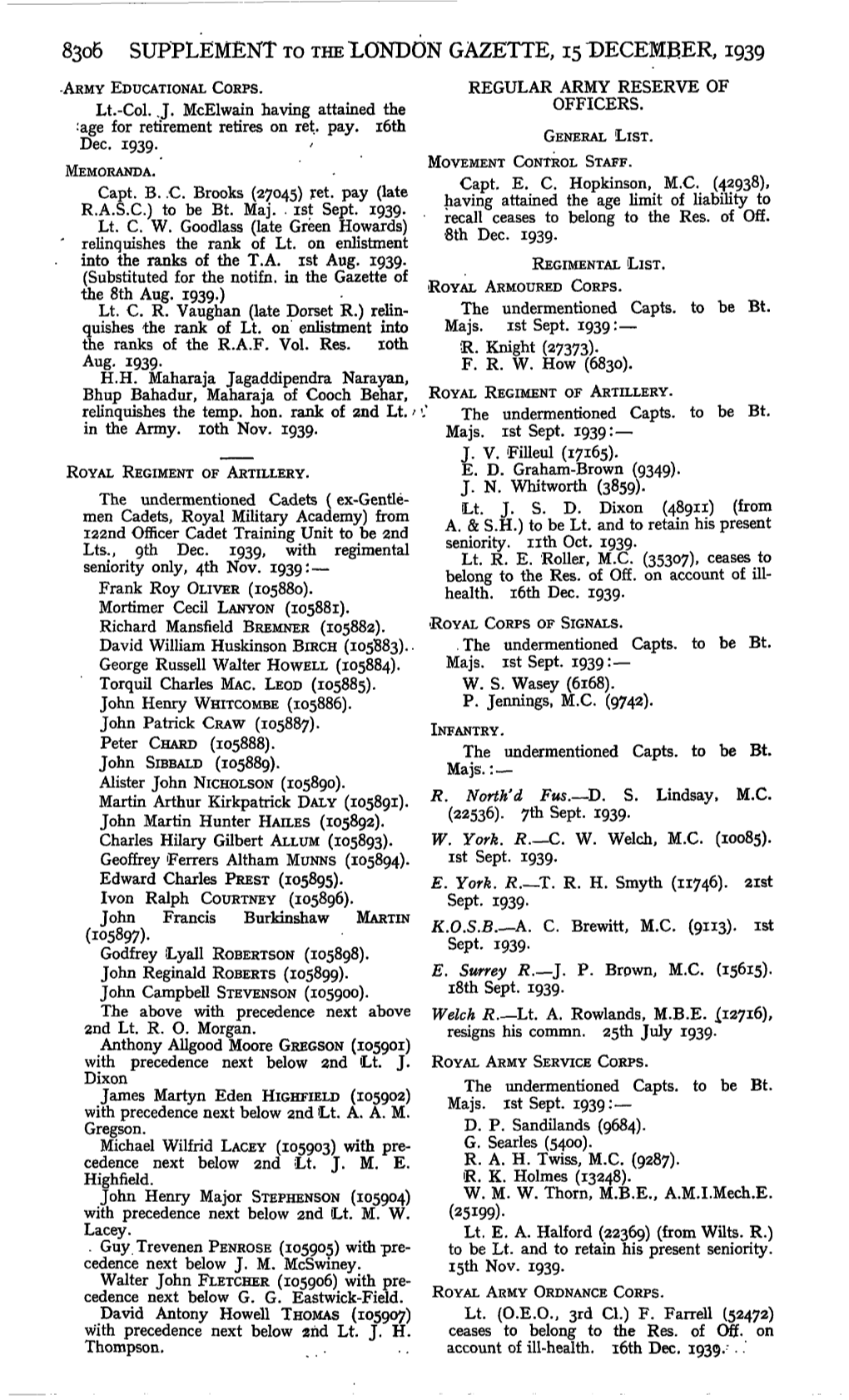 8306 Supplement to the London Gazette, 15 December, 1939 -Army Educational Corps