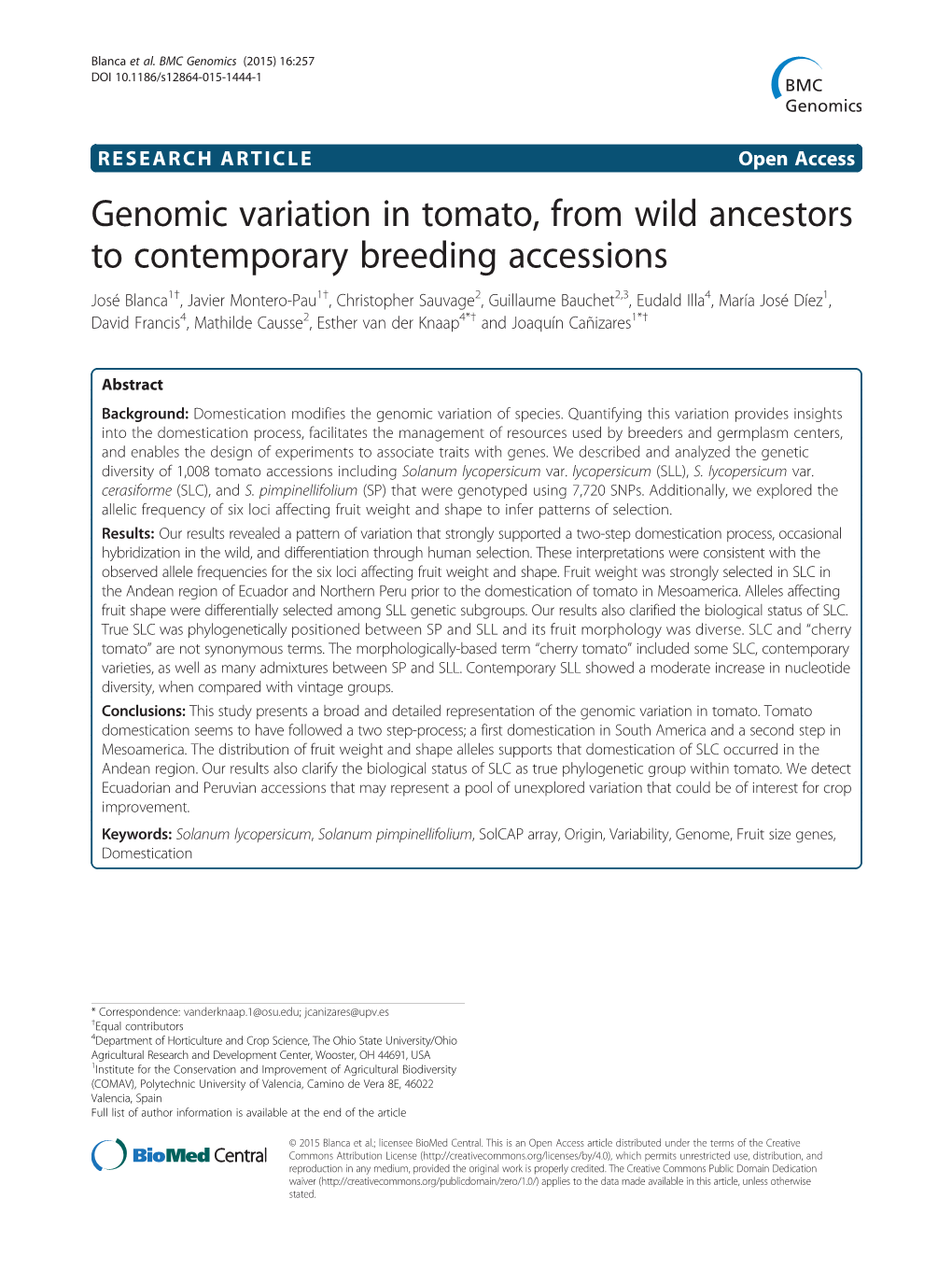 Genomic Variation in Tomato, from Wild Ancestors to Contemporary