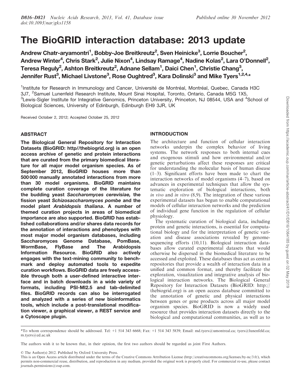 The Biogrid Interaction Database