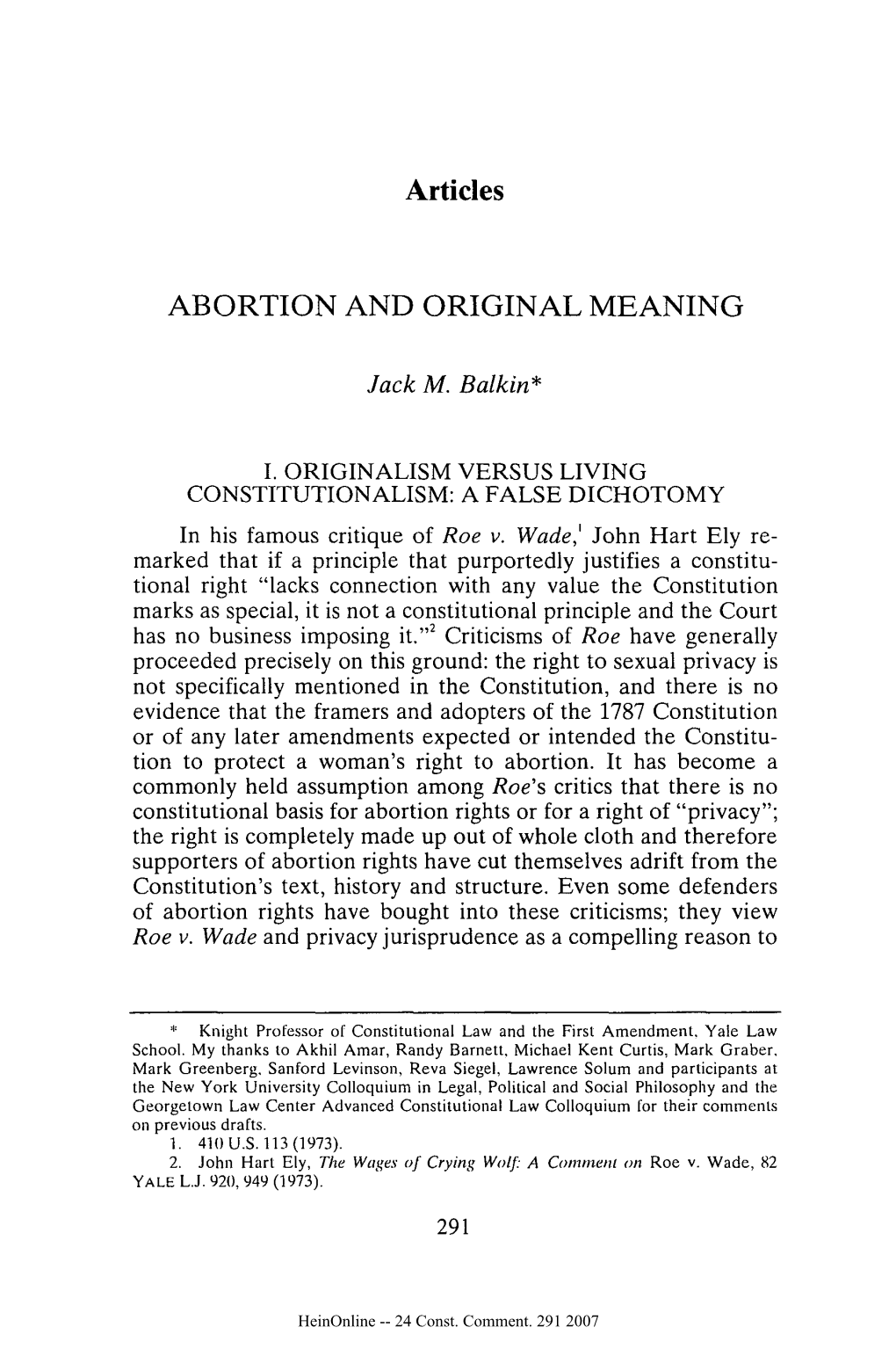 Articles ABORTION and ORIGINAL MEANING