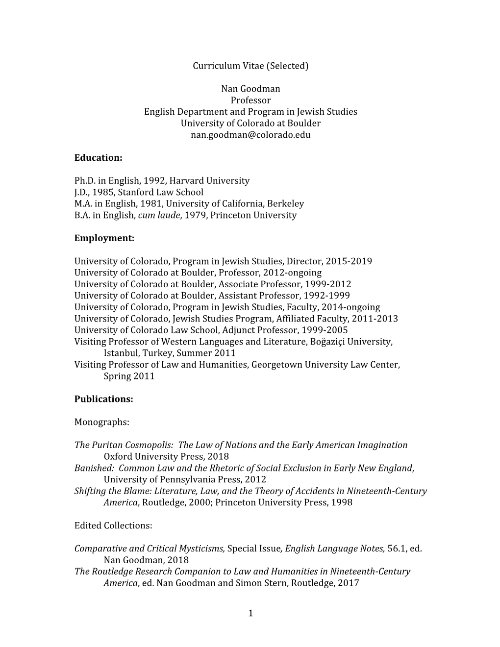 1 Curriculum Vitae (Selected) Nan Goodman Professor English Department and Prog