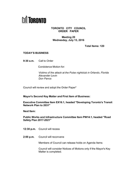TORONTO CITY COUNCIL ORDER PAPER Meeting 20 Wednesday