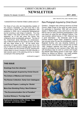 CHRIST CHURCH LIBRARY NEWSLETTER Volume 10, Issues 1,2 and 3 2017 - 2018