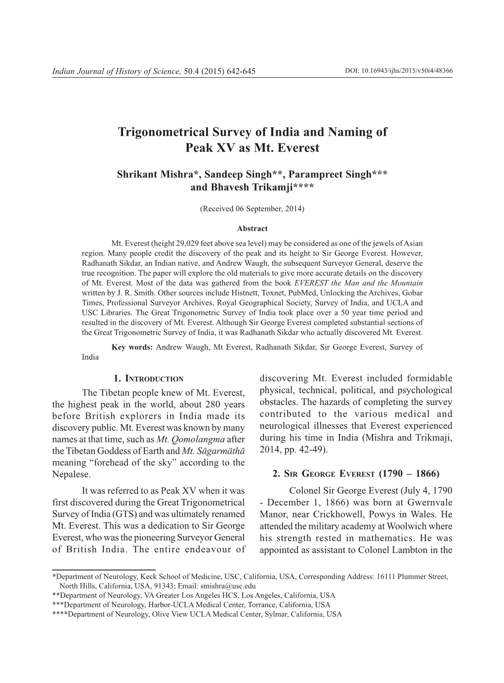 Trigonometrical Survey of India and Naming of Peak XV As Mt. Everest