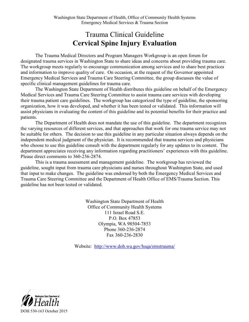 Trauma Clinical Guideline, Cervical Spine Injury Evaluation