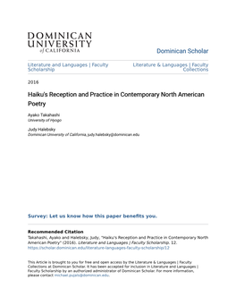 Haiku's Reception and Practice in Contemporary North American Poetry