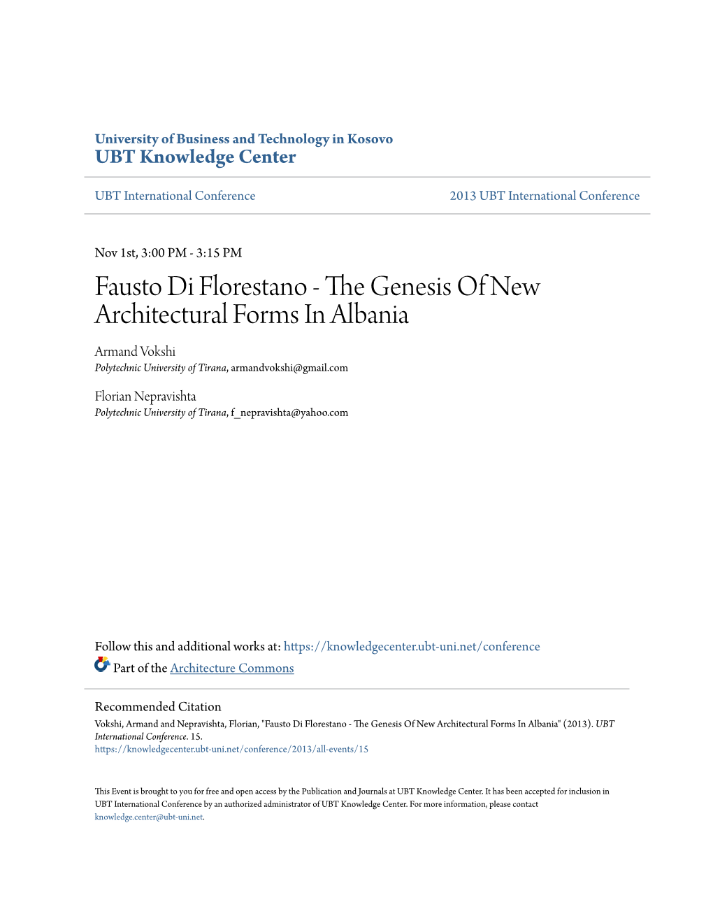 Fausto Di Florestano - the Genesis of New Architectural Forms in Albania Armand Vokshi Polytechnic University of Tirana, Armandvokshi@Gmail.Com