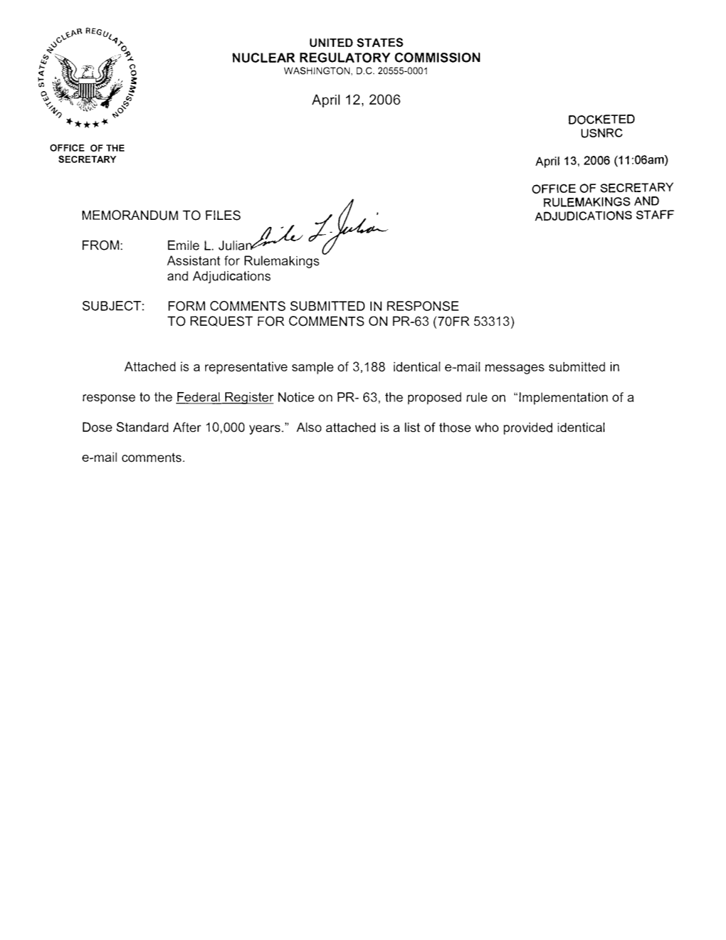 2006/04/12-Memorandum to Files from Emile L. Julian Re Form