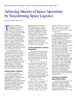 Achieving Mastery of Space Operations by Transforming Space Logistics