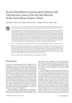 Sexual Dimorphism in Perissodactyl Rhinocerotid Chilotherium Wimani from the Late Miocene of the Linxia Basin (Gansu, China)