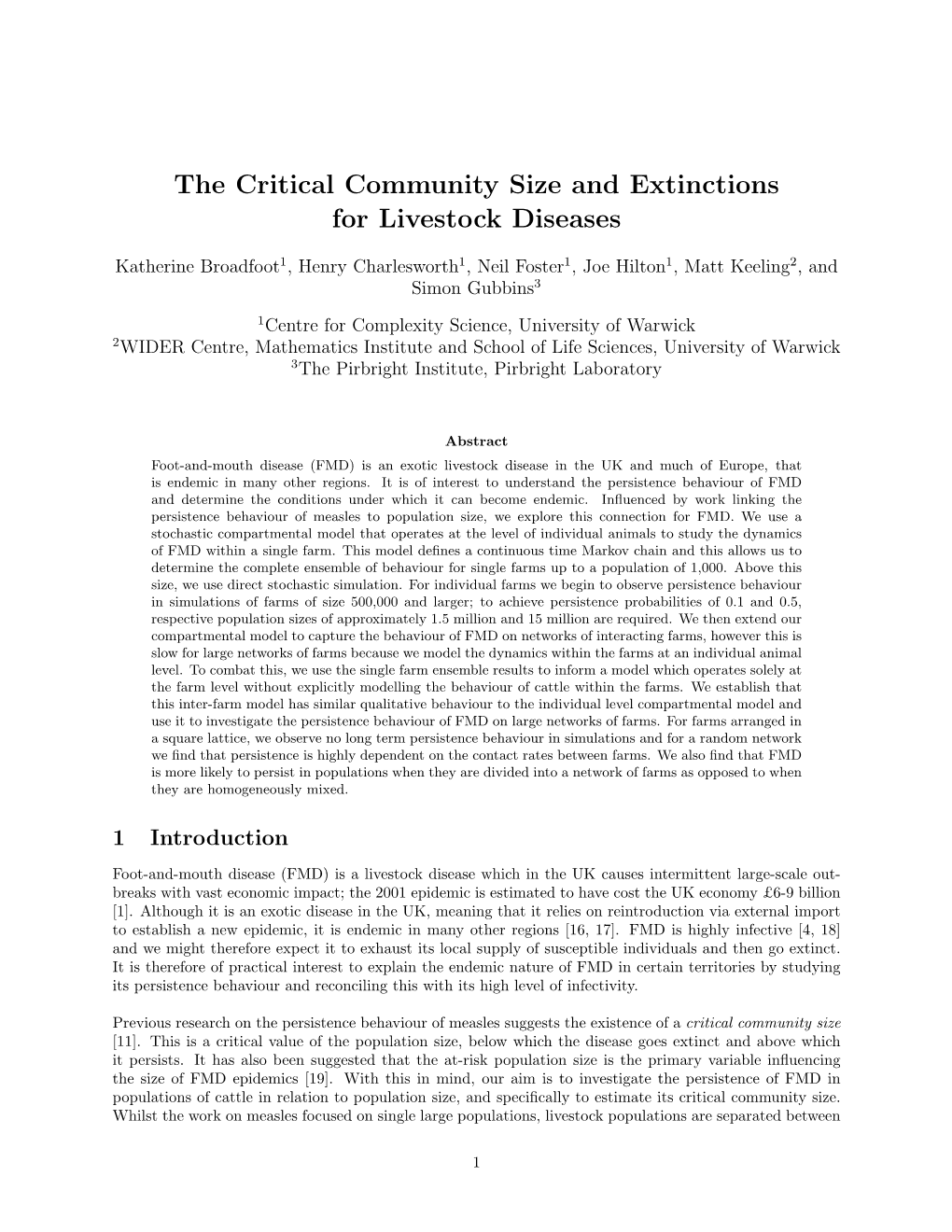 The Critical Community Size and Extinctions for Livestock Diseases