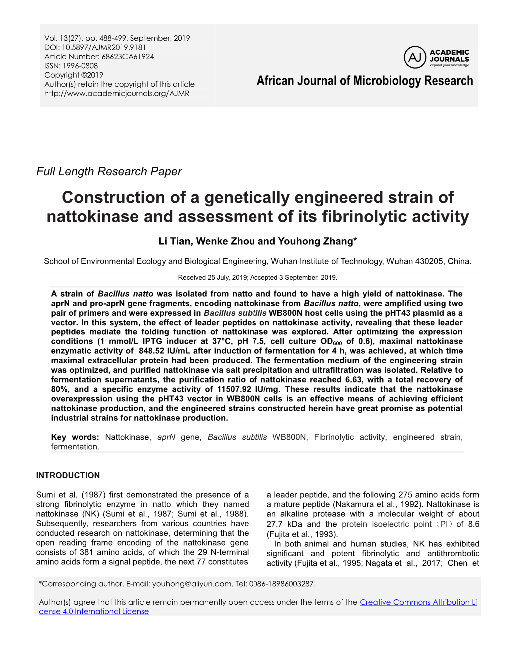 Construction of a Genetically Engineered Strain of Nattokinase and Assessment of Its Fibrinolytic Activity